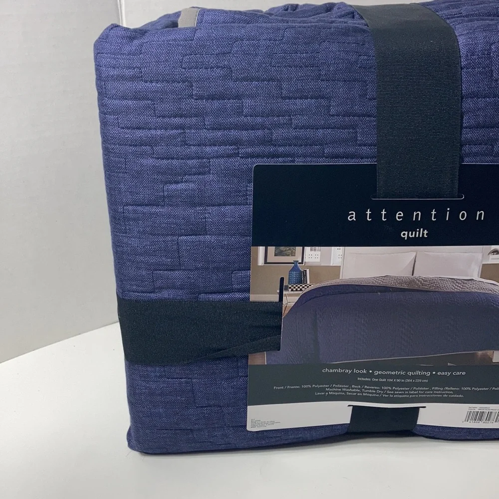 Attention Reversible Quilt King Blue Gray Chambray Look Geometric Quilting NWT